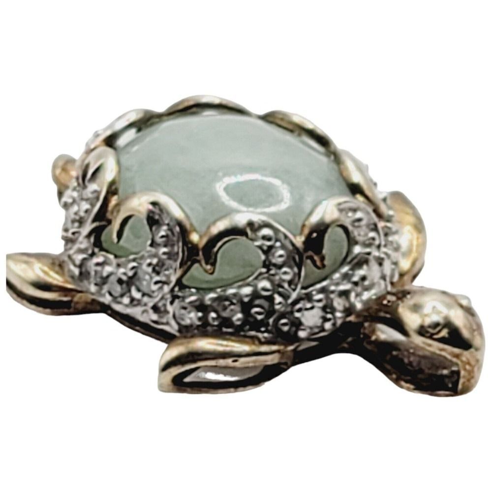 Sterling Silver 925 Vermeil Turtle Necklace Pendant Natural Jadeite and Diamonds - Picture 5 of 13